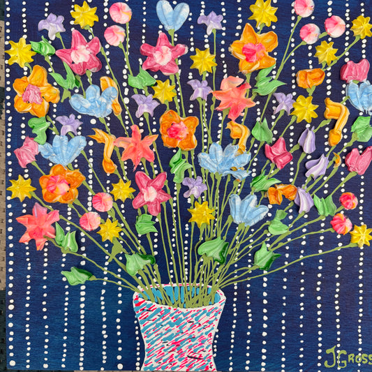 Colorful florals on blue background (2) 8x8