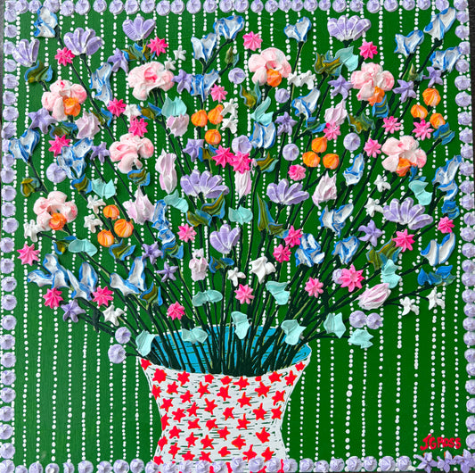 Spring flowers on green background-12x12 on wood panel