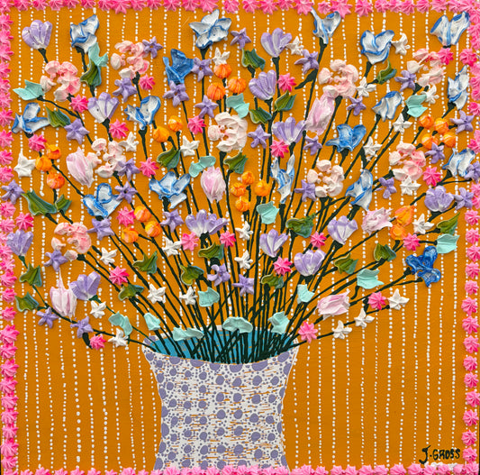 Spring flowers on yellow background-12x12 on wood panel