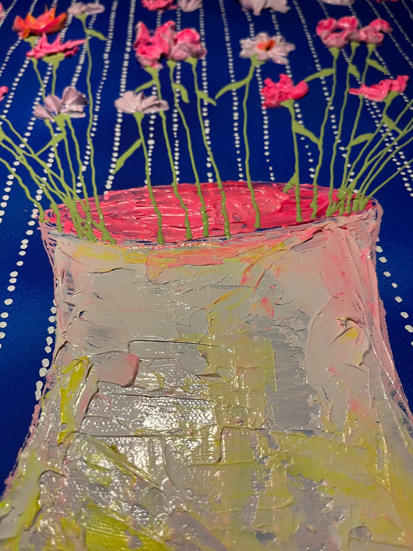 24x40 Painting - Wildflowers in vase (Pink, orange, and yellow on blue background)