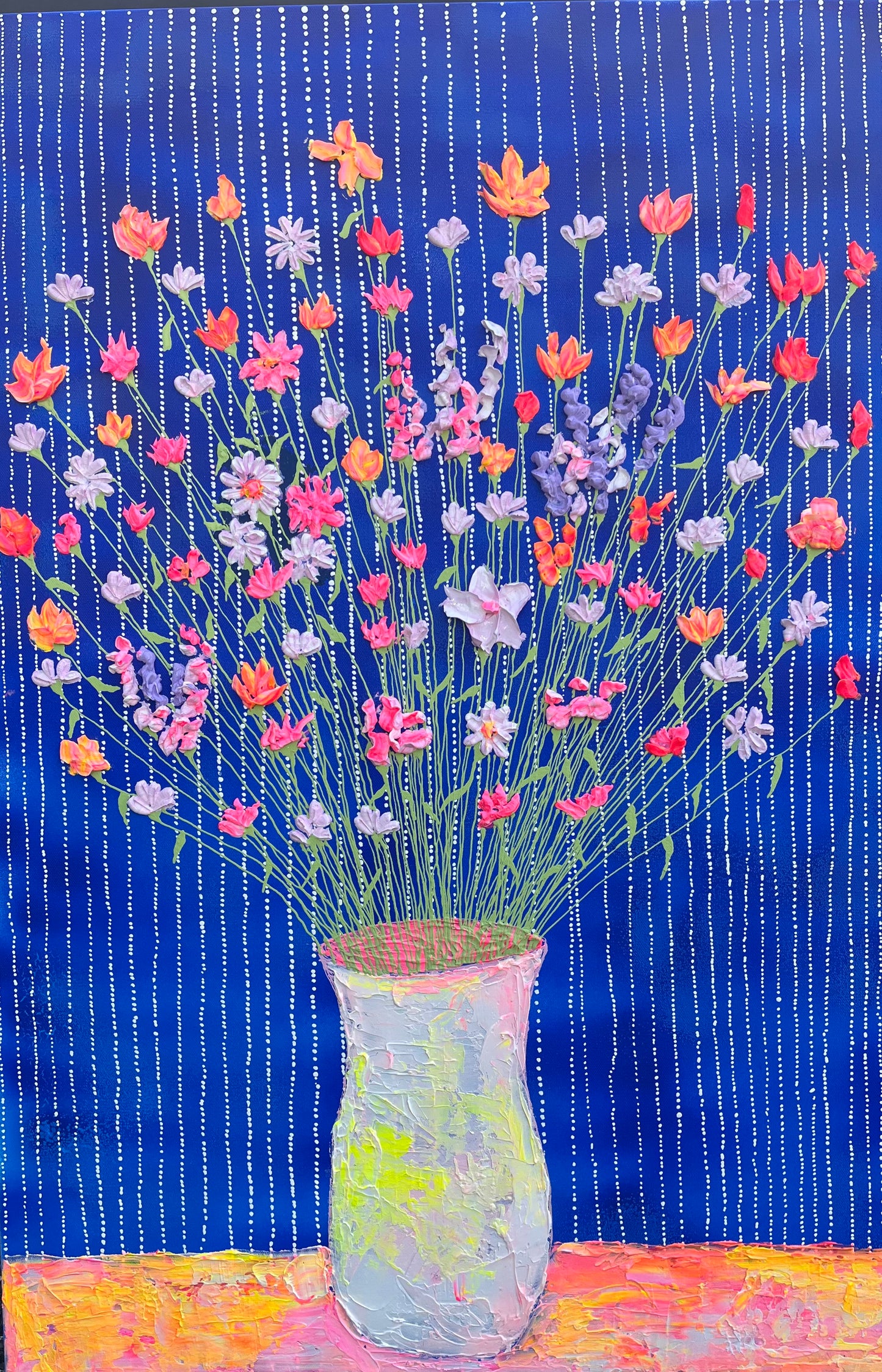 24x40 Painting - Wildflowers in vase (Pink, orange, and yellow on blue background)
