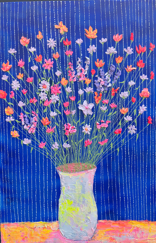 24x40 Painting - Wildflowers in vase (Pink, orange, and yellow on blue background)