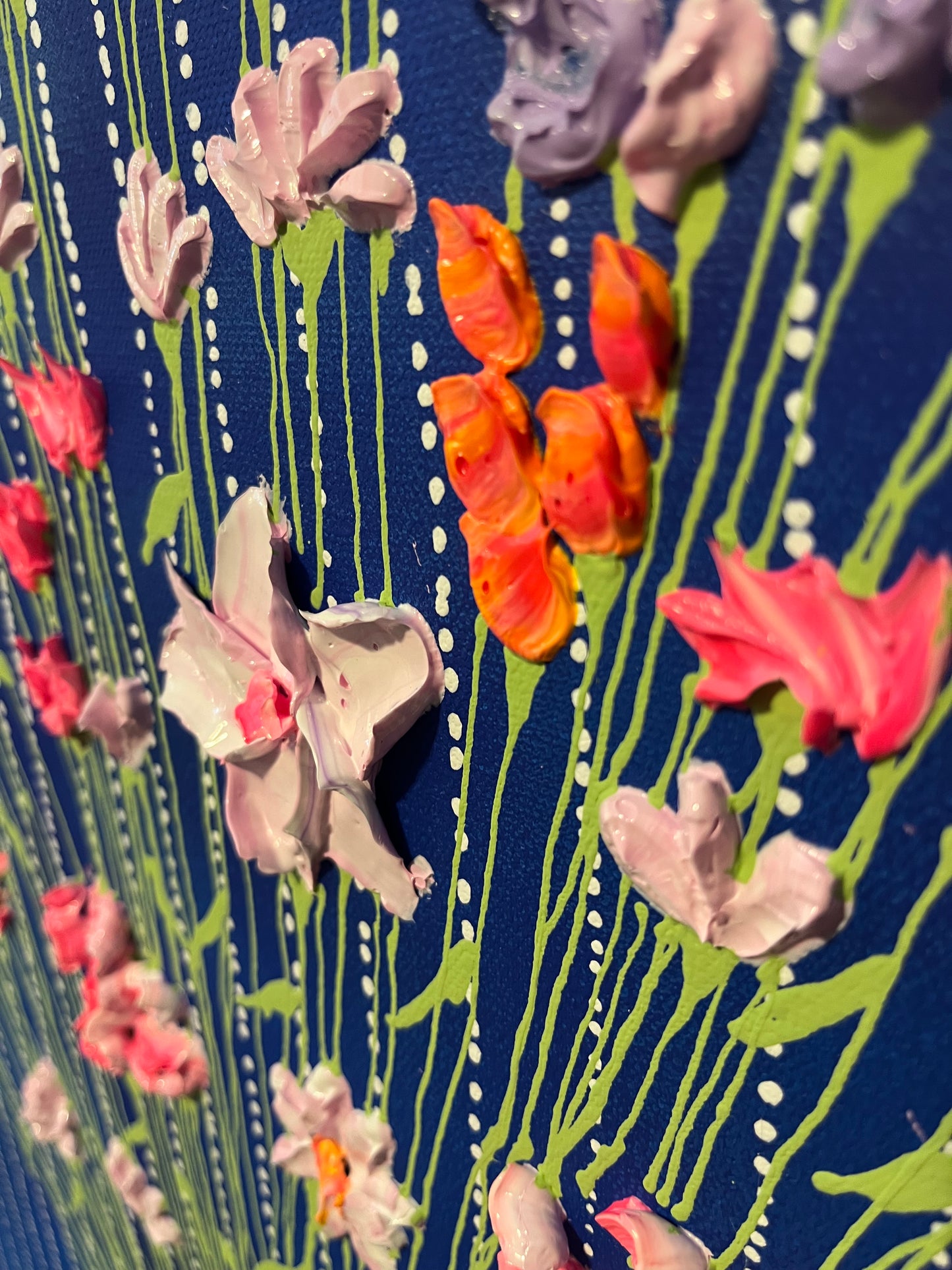24x40 Painting - Wildflowers in vase (Pink, orange, and yellow on blue background)
