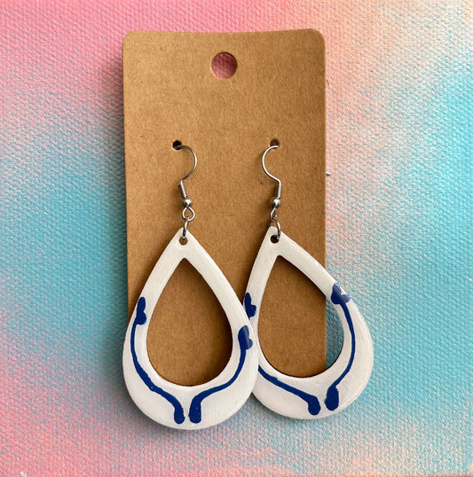 Open Teardrop Abstract White and Blue Earrings