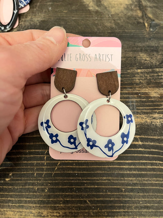 White with blue flowers post dangle earrings