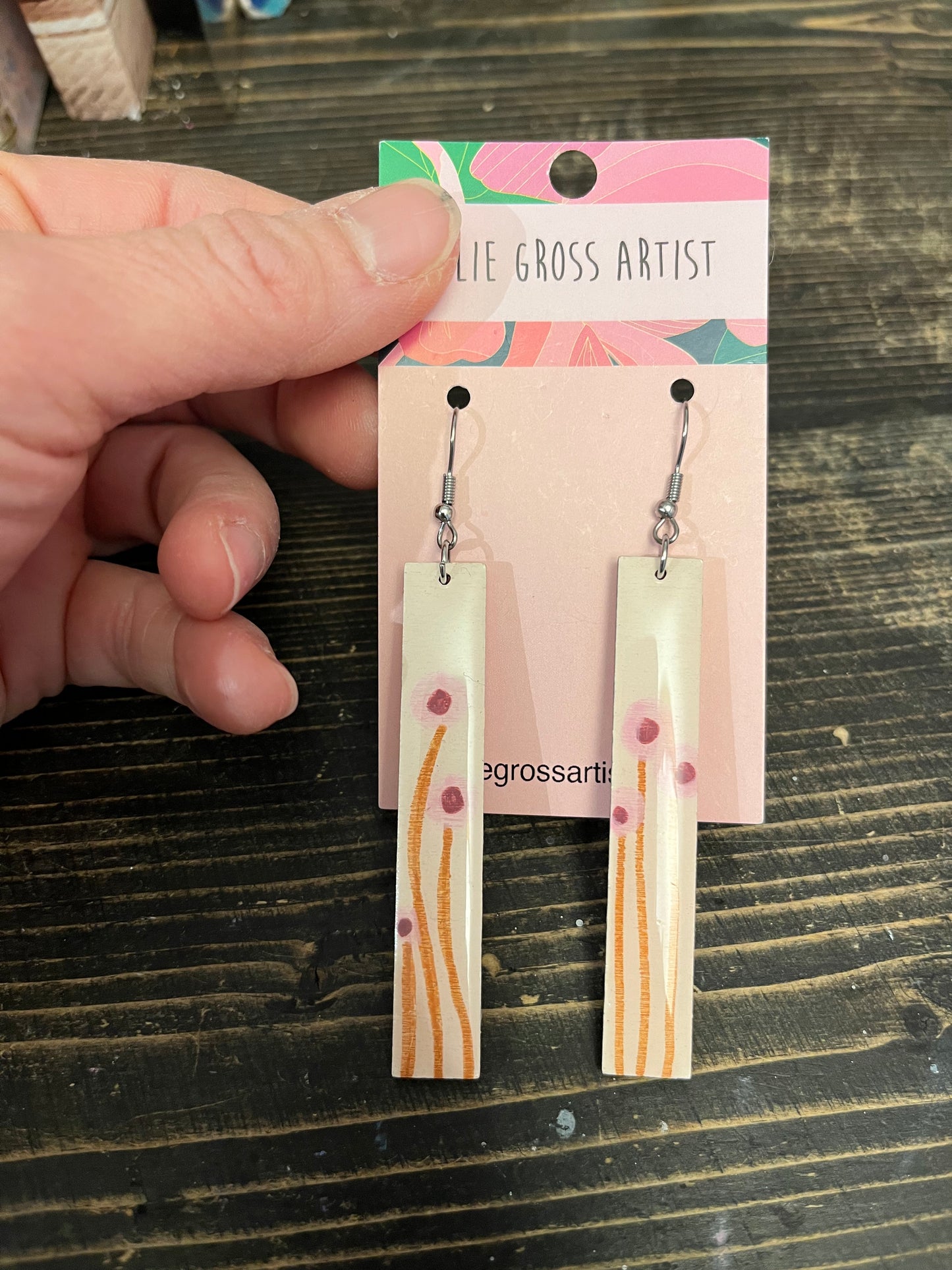 White with pink flowers dangle earrings