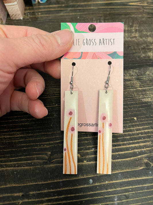 White with pink flowers dangle earrings