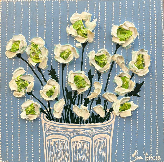 White Florals on Blue Background- 8x8 painting on wood panel