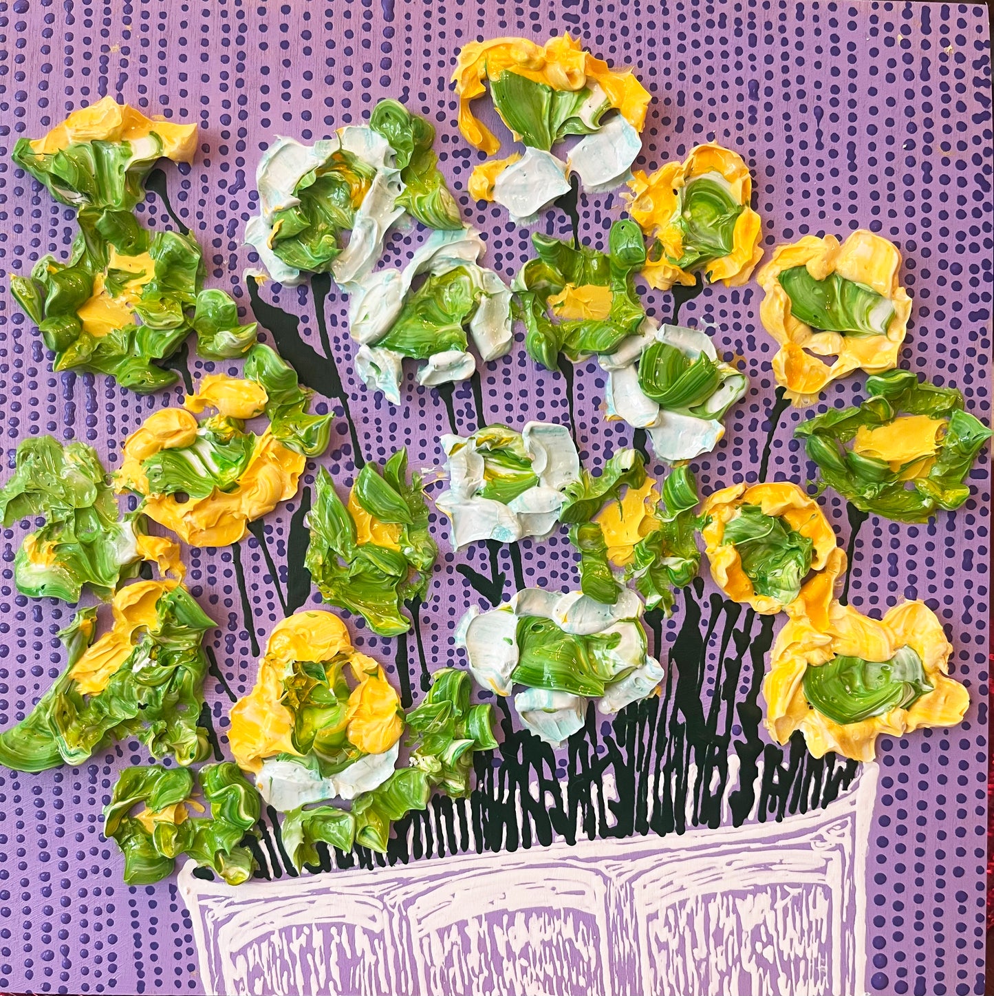 Yellow and Green Flowers on Purple Background- 8x8 painting on wood panel